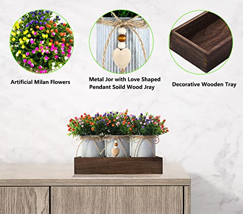 CALAVAK Decorative Centerpiece Wooden Tray with 3 Metal Potted Artificial Milan Flowers Rustic Country Farmhouse Décor for Dining Room, Living Room and Kitchen Table - style: Milan Flowers
