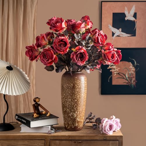 Artificial Flowers Artificial Roses 23.2In Fake Roses Long Stem Artificial Flowers for Tall Vase Silk Rose Suitable for Indoor Decoration Wedding Party Decor DIY Bouquet Autumn (20PCS,Red) - color: Red