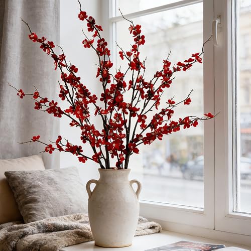 LESING 4pcs Cherry Blossom Flowers Artificial, Fake Silk Cherry Blossom Branches Tall Peach Blossom Flower Stems Arrangement for Wedding Home Office Party Decoration (Red-2) - color: Red-2