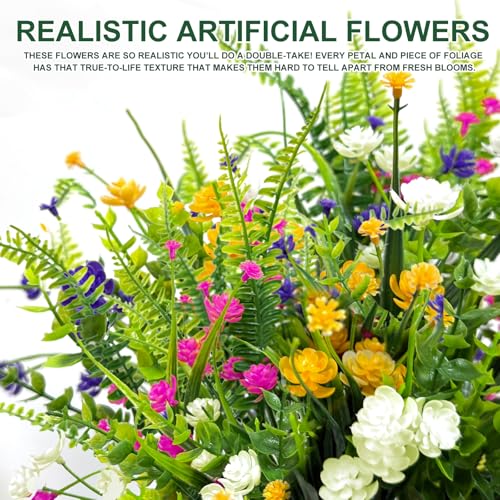 TURNMEON 20 Bundles Artificial Flowers for Outdoors, Summer Spring Grass Camellia Fake Flowers Fern Plants Eucalyptus, UV Resistant No Fade Faux Greenery for Gardens Cemetery Decor(Mixed 6 Styles 2) - color: Mixed 6 Styles 2, size: 20 Bundles