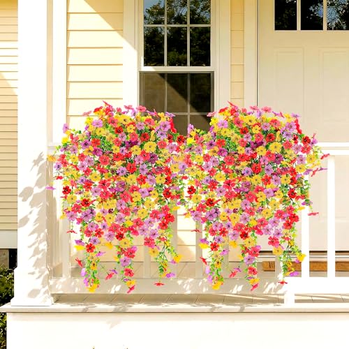 5PCS Artificial Faux Hanging Flowers Plants for Outdoor Decor,Fake Silk Daisy Flowers with Eucalyptus UV Resistant Realistic Vines for Home Porch Patio Balcony Yard Decor (Hot pink Purple Yellow) - color: Hot Pink Purple Yellow