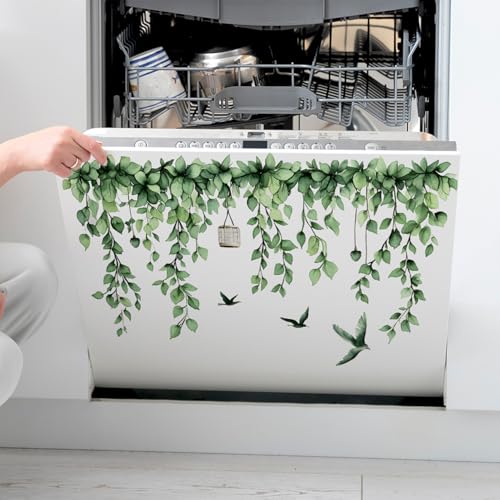 2 Sheets Green Plants Leaves Wall Decals Removable Green Hanging Vines with Birds Wall Stickers Peel and Stick Vinyl Leaf Wall Decor for Bedroom Living Room Bathroom Classroom Decorations - style: Green Plants Leaves 2