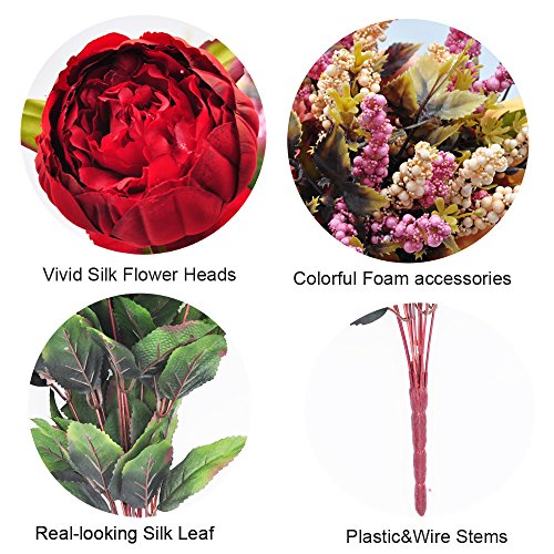 2pcs Artificial Peony Bouquets,19 Inch Silk Peony Bunch with 7 Faux Flowers,Classical Style Artificial Flowers with Leaves and Ornaments for Wedding,Home Décor Centerpieces(Red) - color: Red, size: Pack of 2