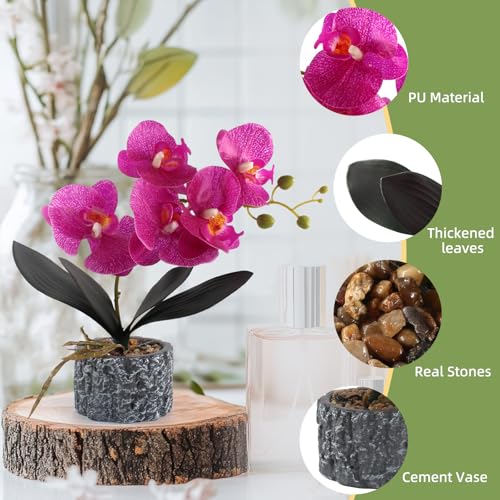 Lifelike Artificial Orchid Faux Plant Fake Flower Phalaenopsis with Cement Vase Table Centerpieces Home Bathroom Hotel Office Decoration (Purple Tall 15") - color: Purple