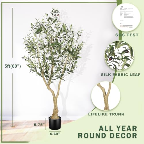 LYERSE Olive Tree 5ft - Olive Trees Artificial Indoor - Faux Olive Tree 5ft with Large Olive Branches and Lifelike Fruits - Fake Olive Tree for Modern Home Office House Living Room Decor - size: 5ft