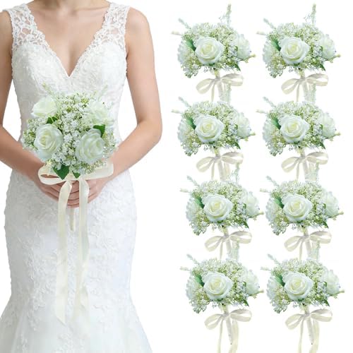 Artificial Bridesmaid Bouquets Set of 8 - Ivory White 9 Inch Various Flower Bouquet for Wedding Party Ceremony Dinning Table Centerpieces Decor Faux (Rose & Babys Breath & Ribbon) - color: Rose
