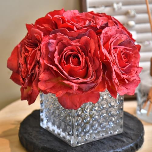 Artificial Rose in Glass Vase Vintage Silk Flower Arrangement with LED Light for Table Centerpiece Home Wedding Decoration (Red) - color: Red