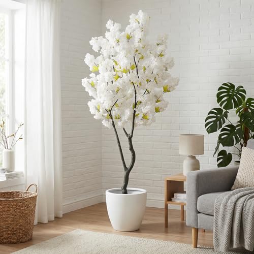 White Faux Cherry Blossom Tree, 6.5FT Tall Artificial Floral Plants with Realistic Green Leaves, Large Fake Sakura Flowers Tree Indoor Decor for Bedroom Living Room Office - color: White-ap33