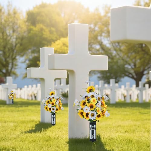 Artificial Cemetery Flowers for Grave: 2 Pcs Yellow White Sunflower Grave Flower Bouquets for Cemetery Decorations - Spring Outdoor Gravesite Flowers with Vase - color: Yellow & White