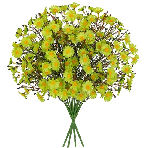 UV Resistant Green Daisy Artificial Flowers Lush 4 Bouquets Silk Fake Daisies, 14" UV Protected Faux Daisy Flowers for Indoor & Outdoor Vase, Planter, Floral Arrangements, Centerpieces, Wedding Decor - color: Green