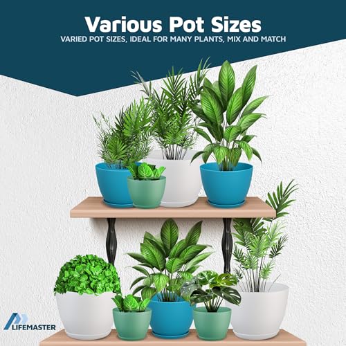 Multicolor Plant Pots with Drainage Holes & Saucers 3 Pack, Indoor & Outdoor Stackable Space-Saving Planters for Houseplants & Flowers, (7", 6.7", and 6" Inches), Durable & Weatherproof Materials - color: Multicolor, size: Pack of 3