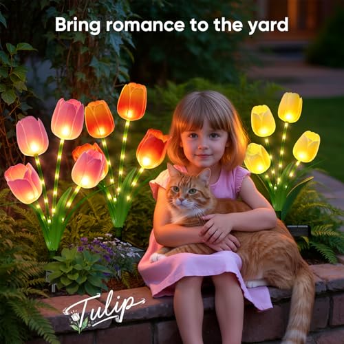 Solar Tulip Lights Outdoor: 3-Pack Solar Flower Garden Lights with Bendable Stems - IP65 Waterproof 800mAh for 12H Lighting - Auto On/Off Garden Decor - Gifts for Mom - Orange Pink Yellow - color: Orange+Pink+Yellow