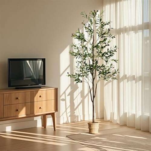 Olive Tree, 6FT Tall Faux Olive Tree with Lights Moss and Planter, Olive Trees Artificial Indoor with Realistic Wood Trunk and Lifelike Fruits, Fake Olive Tree for Home Office Living Room Decor