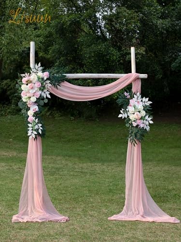 Lisuun Artificial Wedding Arch Flowers with Chiffon Runner, Pack of 3 | Includes 2 Flower Swags, 1 20ft Chiffon Runner and Zip Ties for Wedding Arches, Arbors and Backdrops - color: Blush&pink