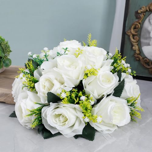 10Pcs Artificial Flower Ball Arrangement, 9.5" 15 Heads Wedding Roses Bouquet with Base Suitable for Parties Valentine's Day Wedding Centerpieces Flower Rack and Home Decor (White) - color: White