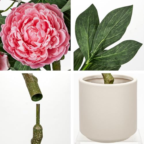 Hollyone Pink Fake Peonies Tree 4FT Peonies Artificial Flowers Tree in Pot Faux Peony Plants & Flowers in Planter Greenery Potted Plant Indoor Outdoor Front Door Porch Home Decor - color: 4ft - Pink