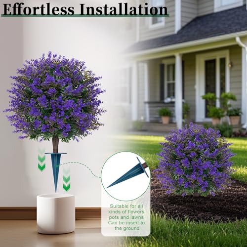 Artificial Lavender Topiary Ball Trees, 2 Set of Boxwood Outdoor Shrubs with Spike, Faux Bushes UV Resistant Fake Plants for Garden Front Porch Indoor Decor - color: Lavender Ball