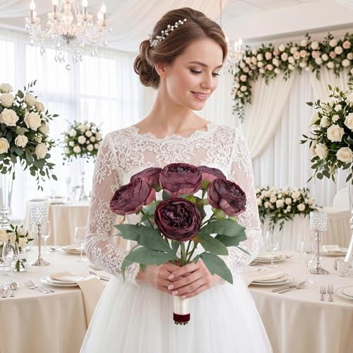 6PCS Peonies Artificial Flowers 19.7" Vintage Fake Flowers Silk Faux Peony Flowers Stems for Wedding Bridal Bouquet Party Office Home Floral Arrangements (Fuchsia) - color: Fuchsia