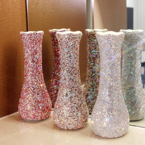 Bling Luxury Diamond-Embedded Vase for Home Decor – Elegant Flower Arrangement Vase, Dry Flower Crystal Decorative Bottle Vase, Desktop Ornament for Living Rooms (Pink) - color: Pink