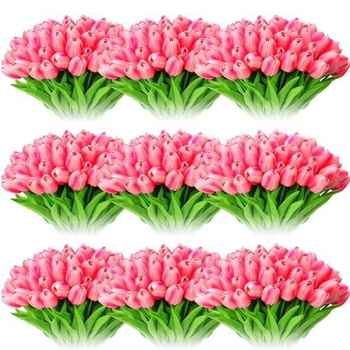 Jexine 100 Pcs Artificial Real Tulips Fake Artificial Tulip Flower Bulk Bouquet with Stem for Table Centerpieces Wedding Bridal Easter Mother's Day Garden Home Decor, 13.4''(Purple Rose) - color: Purple Rose