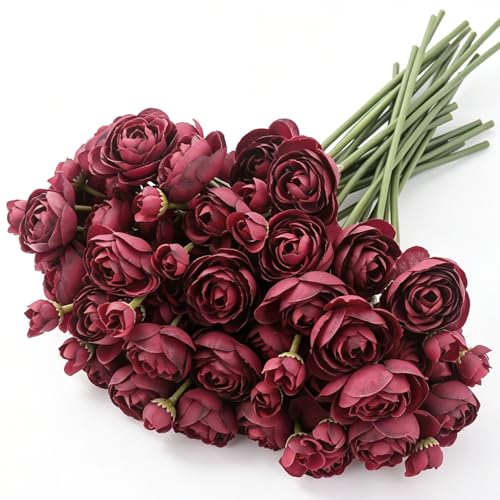 24 Stems Artificial Ranunculus Flowers, 96 Bloom Faux Silk Ranunculus Bouquet for Wedding Decorations, Home Décor, Holiday Arrangements & Large Event Centerpieces (Burgundy) - color: Burgundy