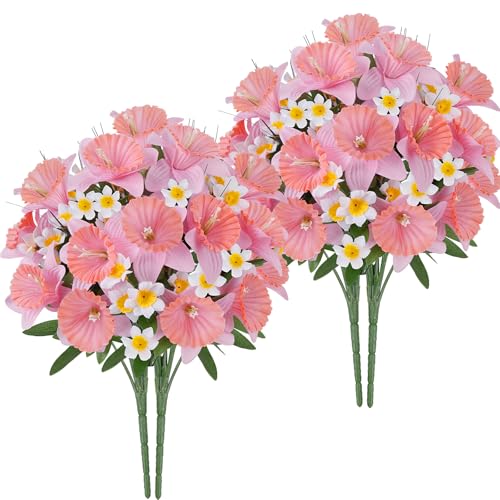 4PCS Flowers for Cemetery, Pink Artificial Daffodils 18" UV Resistant Grave Decorations, Faux Spring Floral Arrangements Memorial Flowers for Gravesite Headstone Vase, Outdoor Grave Site Decor - color: Pink-4pcs