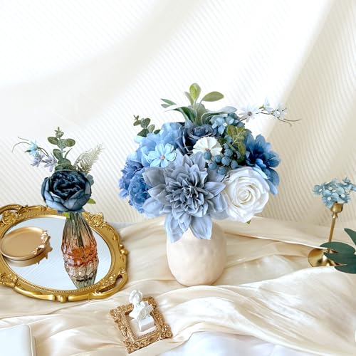 Dusty Blue Artificial Flowers Combo Box Set Silk Roses Dahlia with Stems DIY Bridal Wedding Bouquets Navy Royal Blue Cake Fake Floral Arrangements Baby Shower Party Table Centerpieces Home Decor Bulks - color: Navy, Dusty Blue