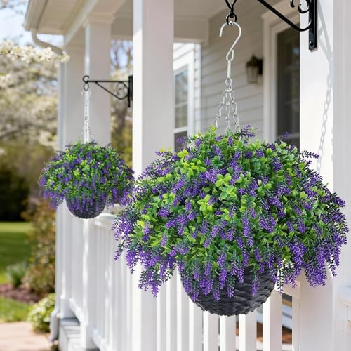 Juxdp Artificial Lavender and Boxwood Hanging Basket - 2 Set for Outdoor Decorations,Fake Flower Hanging Basket UV-Resistant for Porch, Home Garden, Farmhouse, Eaves, Yard Decor
