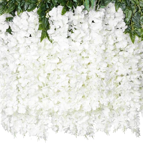 LFF 24 Branches White Wisteria Hanging Flowers, 4.58FT Fake Silk Wisteria Artificial Flowers, Faux Wisteria Garland for Wedding Arch, Party Backdrop, Home & Party Decoration (55 Inches Long) - size: Long/8Pack