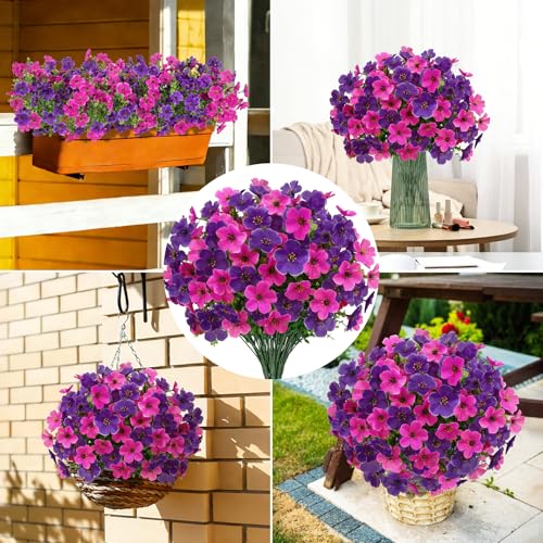 20 Bundles Artificial Flowers for Outdoors, Fake Violet Flowers Silk Realistic UV Resistant Faux Artificial Plants Outdoors for Window Box Garden Patio Front Porch Home Indoor Outside Decorations - color: Purple Fuchsia