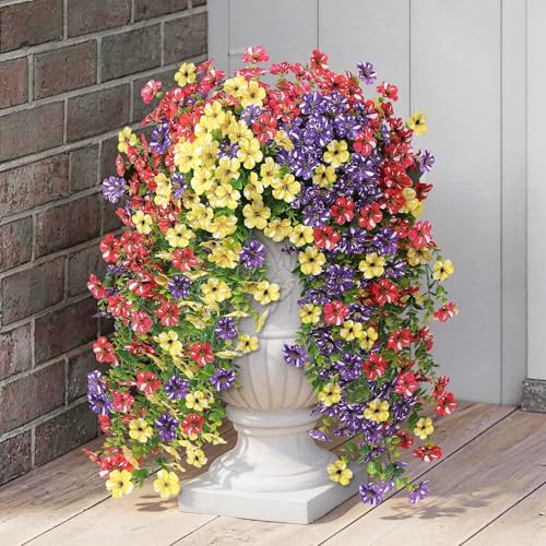 GLIDLION 4 PCS Artificial Morning Glory & Eucalyptus for Outside, Realistic Sun Resistant Fake Silk Hang Flower Faux Eucalyptus Leave for Patio Farmhouse Garden Porches Balcony Decor (Mixed Color) - color: Mixed Color