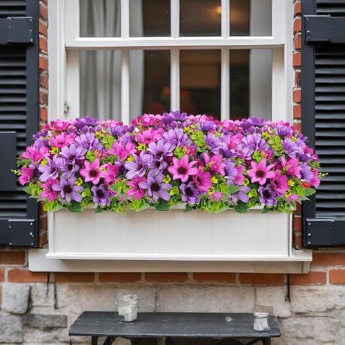 8 Bundles Fake Silk Daisy Outdoor Artificial Flowers UV Resistant Faux Plants Bright Colors for Front Porch Planter Balcony Patio Garden Home Indoor Decoration (Purple) - color: Purple