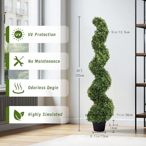 4ft Spiral Boxwood Topiary Trees Artificial Outdoor Set of 2 - UV Resistant Faux Plants for Outside Planters, 48" Fake Twisted Tree for Front Porch Decor - color: Boxwood Leaves, size: 4FT