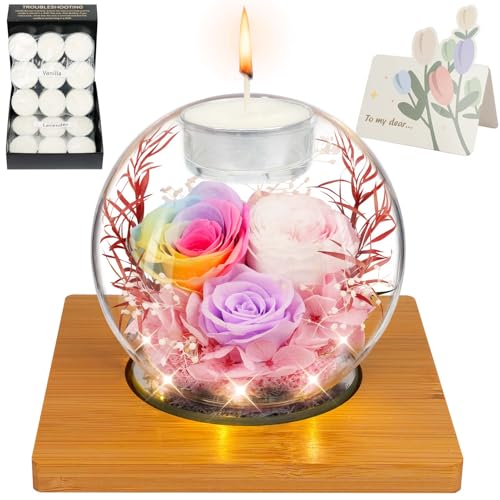 Preserved Colorful Real Rose in Glass with Scented Candles–– Forever Flower Romantic Anniversary Christmas Birthday Valentines Mothers Day Gifts for Mom, Women, Wife, Girlfriend, Her, Grandma - color: Colorful