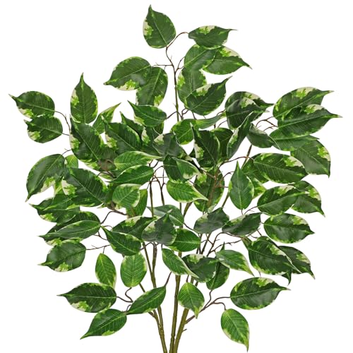 Ficus Leaves Artificial Branches 35.4" Faux Ficus Tree Branches Fake Greenery Plant Spray for Tree DIY Arch Wedding Bouquet Wreath Wall Decor - 3PCS - color: 35inch-3pcs/Green & White