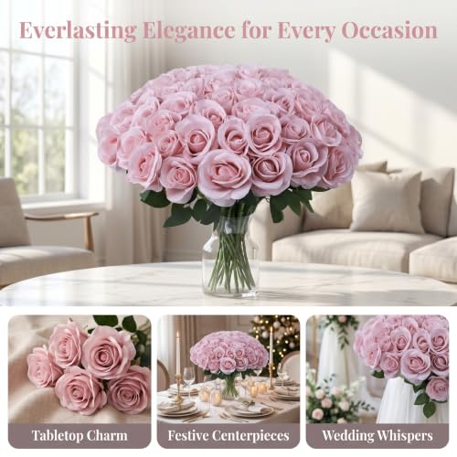 52pcs Dusty Pink Roses Artificial Flowers Ivory Fake Flowers Silk Roses with Stems for DIY Wedding Bouquets Bridal Shower Centerpieces Arrangements Party Decorations - color: Dusty Pink