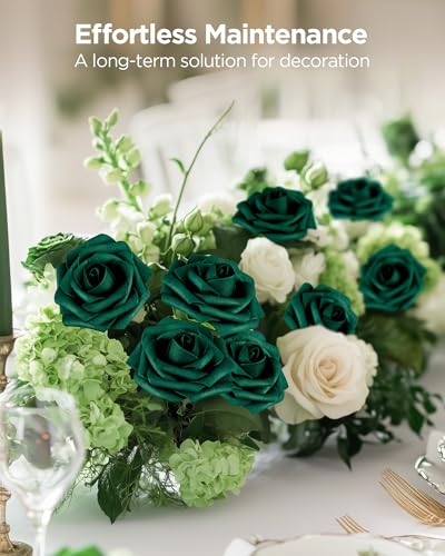 InnoGear Artificial Flowers, 50 Pcs Hunt Green Foam Fake Roses Bulk with Stems for St. Patrick's Decoration DIY Wedding Bouquets Centerpieces Bridal Shower Party Valentines Christmas Tree - color: Hunt Green