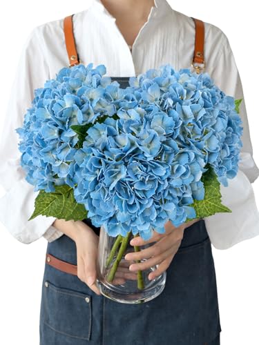 JINWOE Light Blue Artificial Hydrangea Flowers, 3pcs 21" Latex Real Touch Spring Faux Hydrangea Flowers,Lifelike Artificial Hydrangeas with Stems for Porch Bouquets Wedding Home Table Centerpieces - color: Light Blue