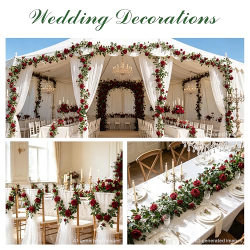 2 Pack 11.2 Ft Artificial Flower Garland with White Roses, Realistic Fake Greenery Vines with 17 Roses Flowers for Wedding Table Centerpieces Arch Party Ceremony Backdrop Decor (Dark Red) - color: Dark Red