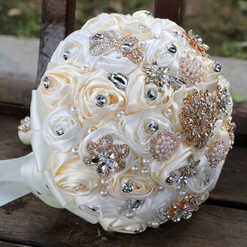 Champagne and Ivory Bridal Wedding Bouquet with Bling Rhinestone Pearl Luxury Brooch Satin Rose Flower Bouquet for Bride Bridesmaid Quinceanera Bouquet Wedding Champagne and Ivory 9.8in - color: Champagne & Ivory, size: Extra-large (DIA. 9.8"/25cm)