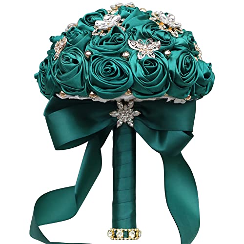 Sharebeauty 8.3" Handmade Satin Rose Bridal Bouquet Toss Round Wedding Bouquet Throw Toss Artificial Flower Bunch Dark Green - color: 809a Dark Green, size: 8.3"/21cm