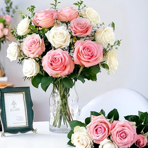 20PCS Artificial Roses with Long Stems - Realistic Silk Flowers, Fake Roses Bouquet of Roses for Mother's Day, Home Decor, Bridal Wedding Party, Bulk Faux Rose Flowers (White Pink) - color: White&pink, size: 20 PCS