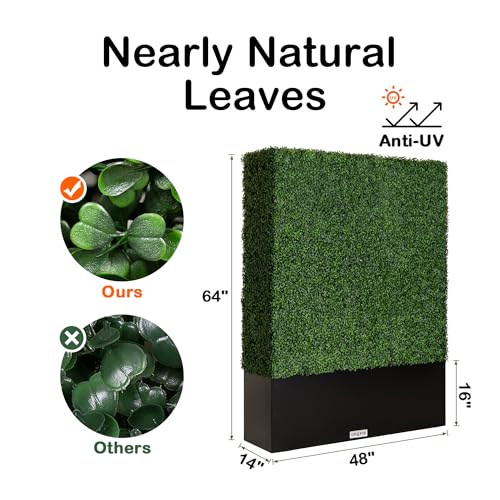 Artificial Boxwood Hedge Wall,Greenery Fake Faux Grass Backdrop Divider with Black Steel Planter Box,Outdoor Privacy Panels for Patio,Balcony,Restaurant,Garden,Party Décor 48" WX64 HX14 D - size: 48"WX64"HX14"D