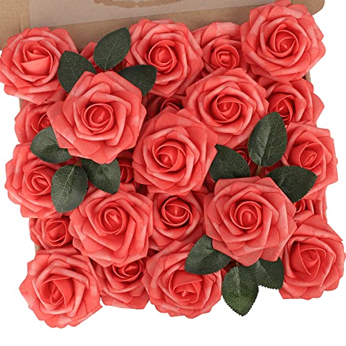 N&T NIETING Artificial Flowers 25pcs Real Touch Coral Foam Fake Roses with Stems for DIY Wedding Bouquets Bridal Shower Centerpieces Floral Arrangements Party Tables Home Decorations - color: Coral, size: 25pcs