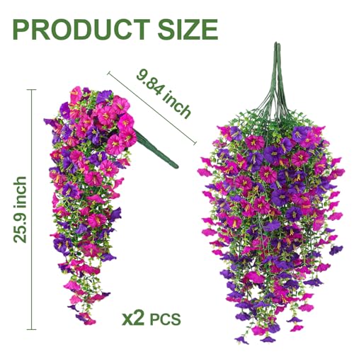 Artificial Hanging Flowers for Outdoors, 2PCS 300 Blooms UV Resistant Morning Glory Vine Fake Flowers with Eucalyptus, Realistic Silk Faux Hanging Plants Spring Summer Decorations (Purple and Lotus) - color: Purple and Lotus, size: 2PCS