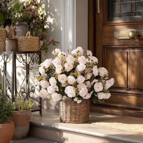 Artificial Rose Flowers for Outdoor 4 Bundles Rose Bouquet with Daisy Faux Flowers UV Resistant for Home Indoor Outside Garden Porch Window Box Balcony Yard Porch Fall Decor (White) - color: White