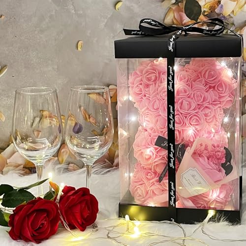 Romantic Valentines Day Gift for Her, Artificial Flowers Bouquet Necklace Rose Teddy Bear with Real Pearl Blind Box Birthday Gift, Valentiness Day Gift for Monther Wife Girl (Pink) - color: Pink