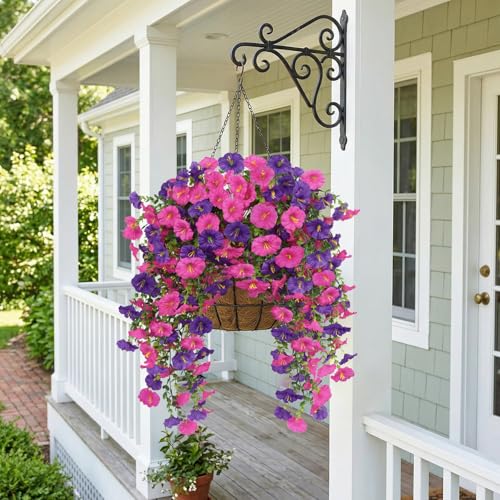 Artificial Hanging Flowers for Outdoors, 6PCS Silk Morning Glory Artificial Flowers, UV Resistant Fake Flower Realistic Faux Plants for Home Patio Porch Garden Basket Decor (Purple+Fuchsia) - color: Purple+fuchsia