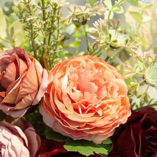 LESING Fake Artificial Flowers with Vase Faux Silk Flower Bouquet in Glass Vase Rose Floral Arrangements Flower for Home Office Decoration, Dining Table Centerpiece (Red) - color: Red