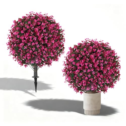 2 Pack 25" Artificial Red Eucalyptus Topiary Ball Tree for Outdoors Faux Evergreen Shrubs Plants with Ground Spike UV Resistant Fake Bushes Ball Trees for Outdoor Indoor Home Porch Patio Decoration - color: Red Eucalyptus